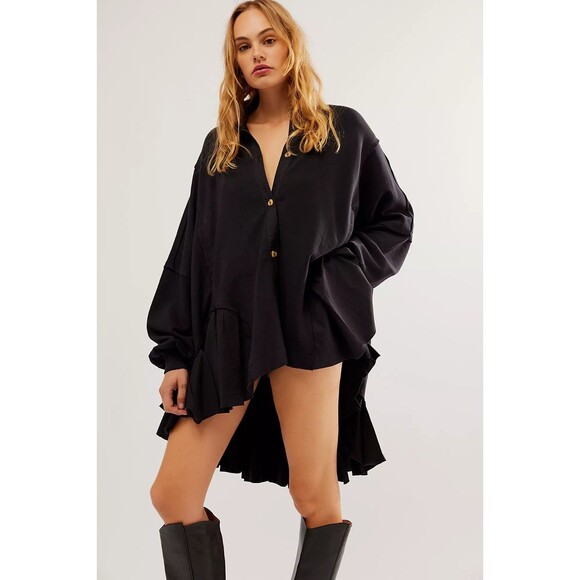 Free People Buttondown Sweatshirt Top Oversized Ruffle Black Cotton L NWD 282777 - Picture 1 of 11